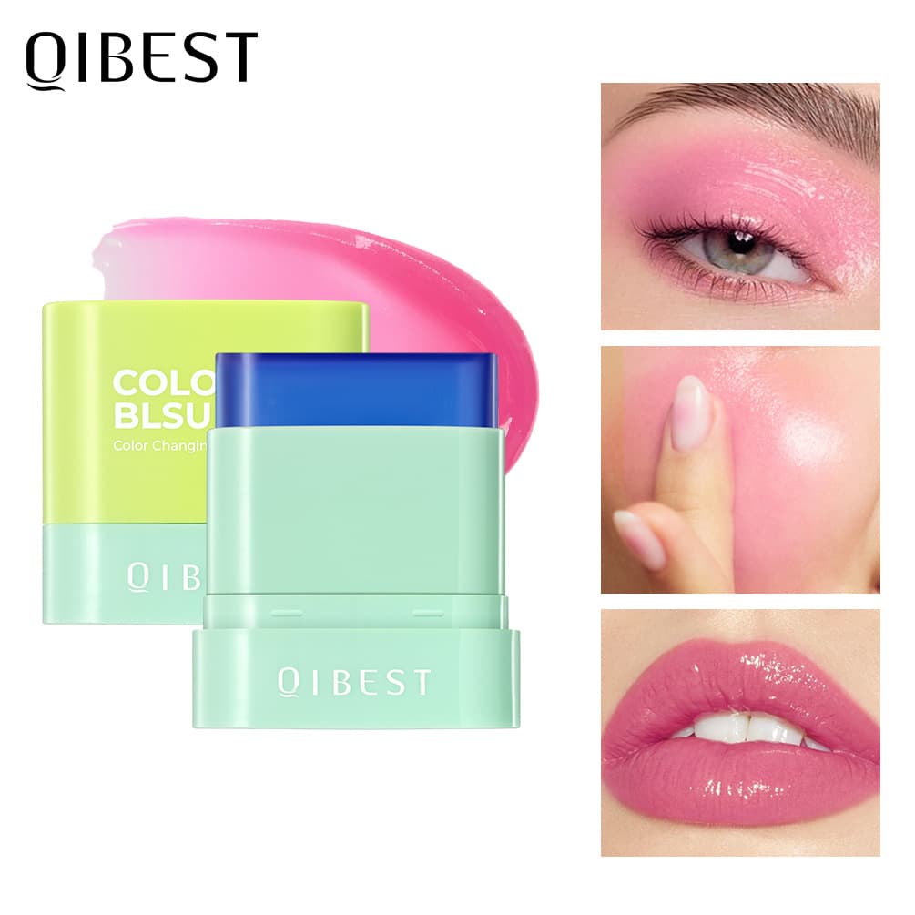 QIBEST Batom 2 Em 1 Blush Stick , Design De Tubo Plano , Iluminador De Bálsamo Labial , Beleza Diária De Longa Duração