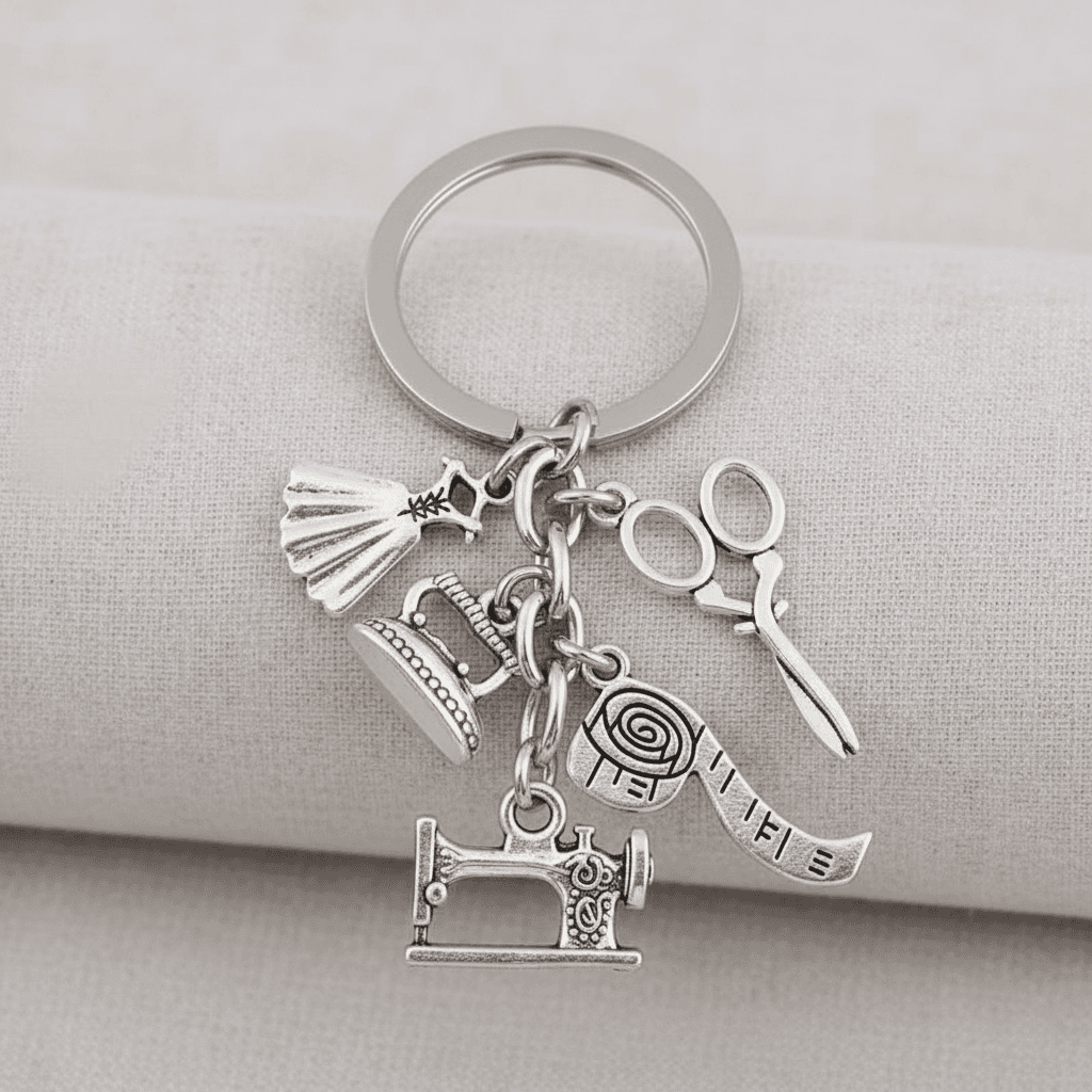 Chaveiro criativo com máquina de costura, ferro de passar, fita métrica e tesoura, anel de chave para vestido feminino,