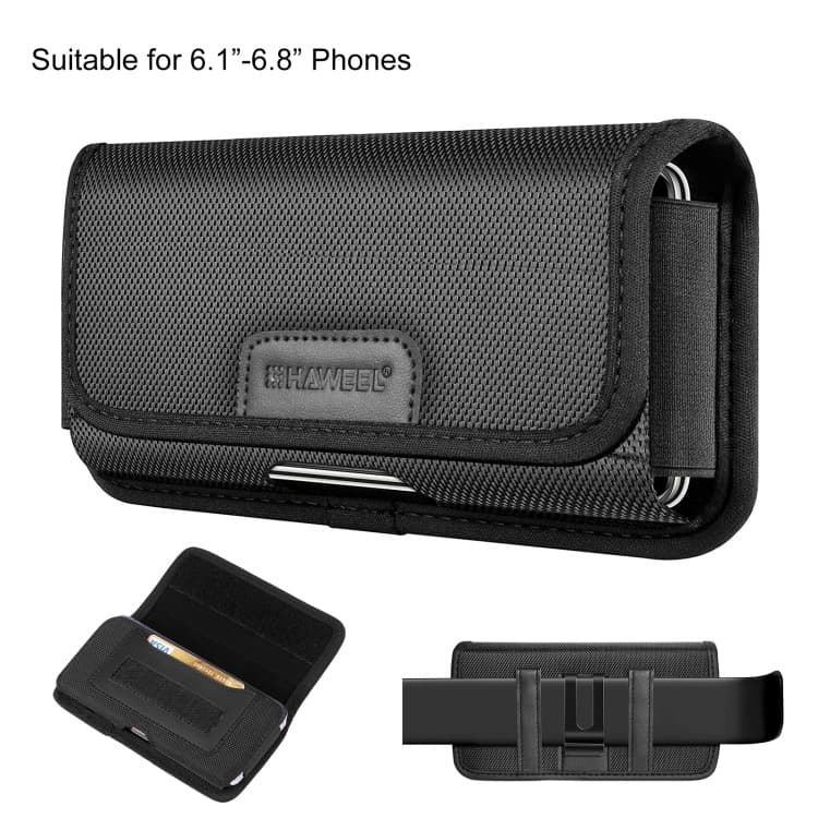 HAWEEL Coldre de Nylon Horizontal para Cinto com Clipe e Slot para Cartão (Preto) para Celulares de 6.1-6.8 Polegadas