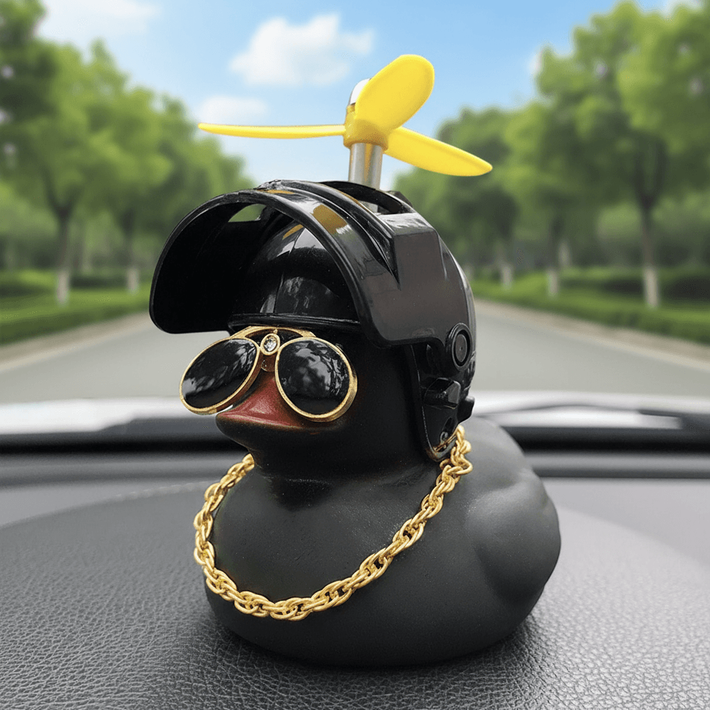 1pc Ornamento de Carro DIY Pato Preto com Capacete Hélice de Bambu Pato Quebrador de Vento Sino de Bicicleta Pato