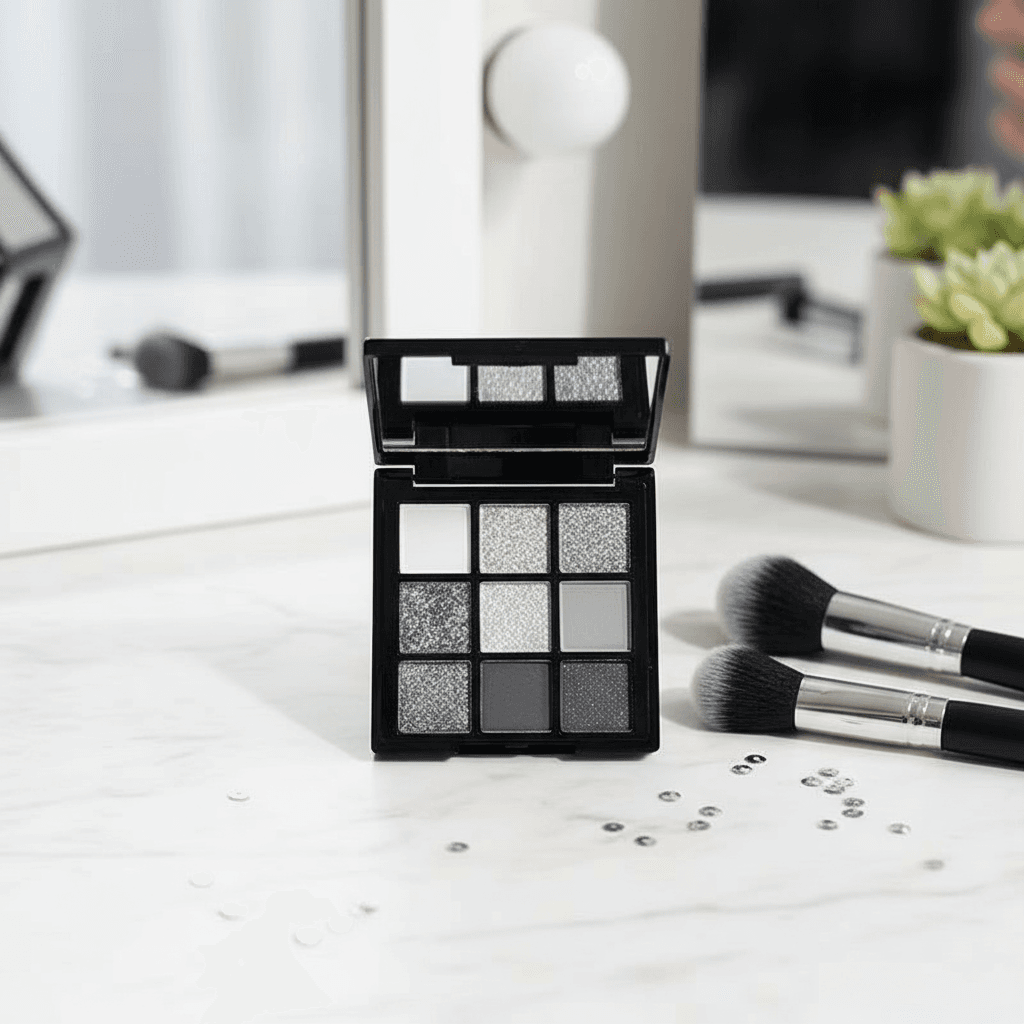 Paleta de Sombras Metálicas 9 Cores Cinza Escuro Punk Fumê Preto Glitter Festa Festiva