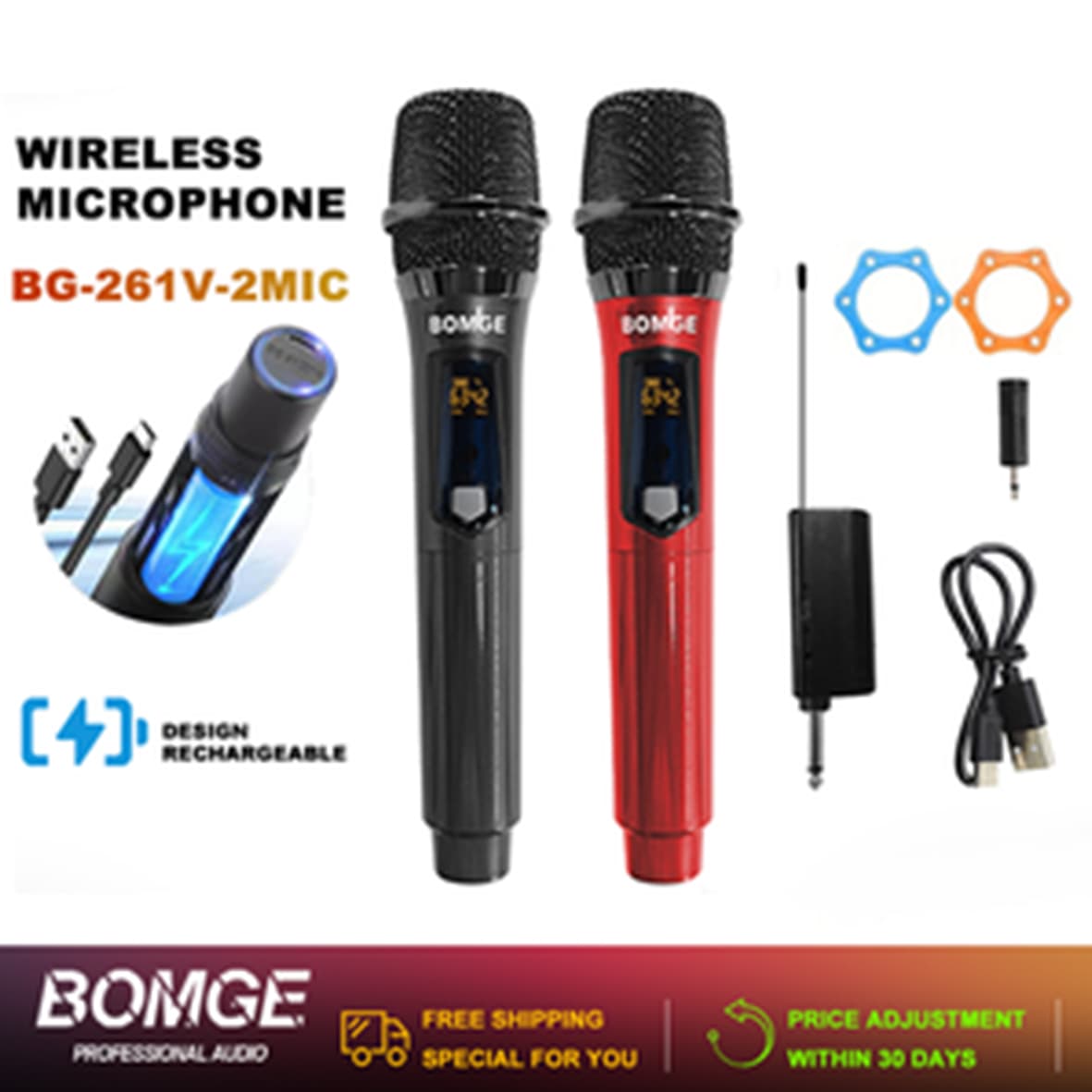 BOMGE Sistema de Microfone Sem Fio UHF Microfone Dinâmico de Mão Metálico para Karaokê