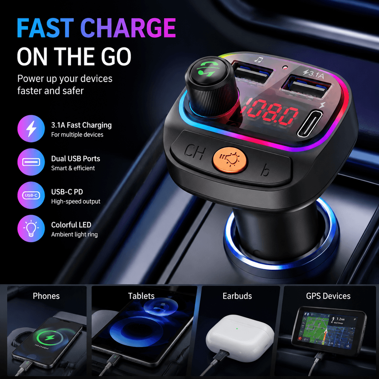 Bluetooth 5.0 Transmissor FM Carregador De Carro PD Type C USB Luz Ambiente Adaptador De Áudio MP3
