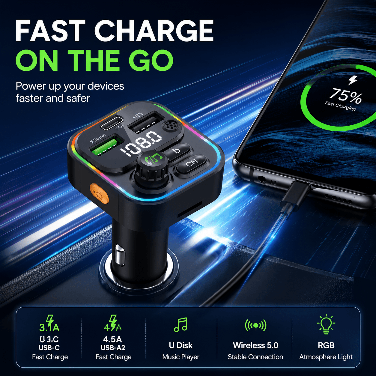 2025 Transmissor FM Bluetooth 5.0, Modulador de Rádio Automotivo, Viva-voz, MP3 Player com Adaptador USB Carregador