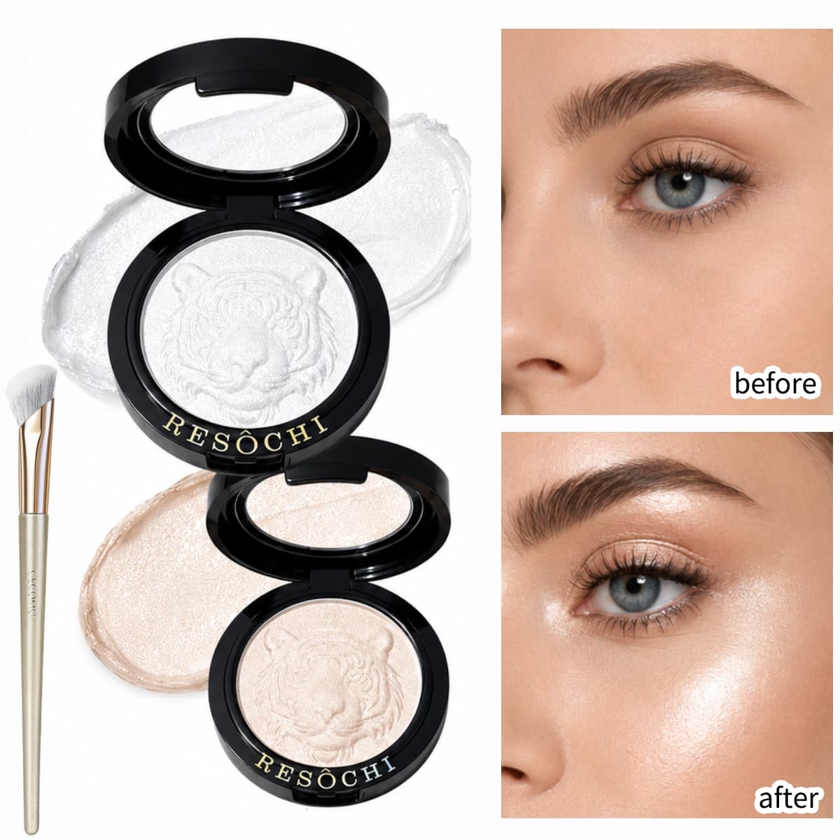 RESOCHI Pó Iluminador Dourado 9 g Kit com 2 unidades + Pincel iluminador de brinde Brilho fino realce maquiagem facial