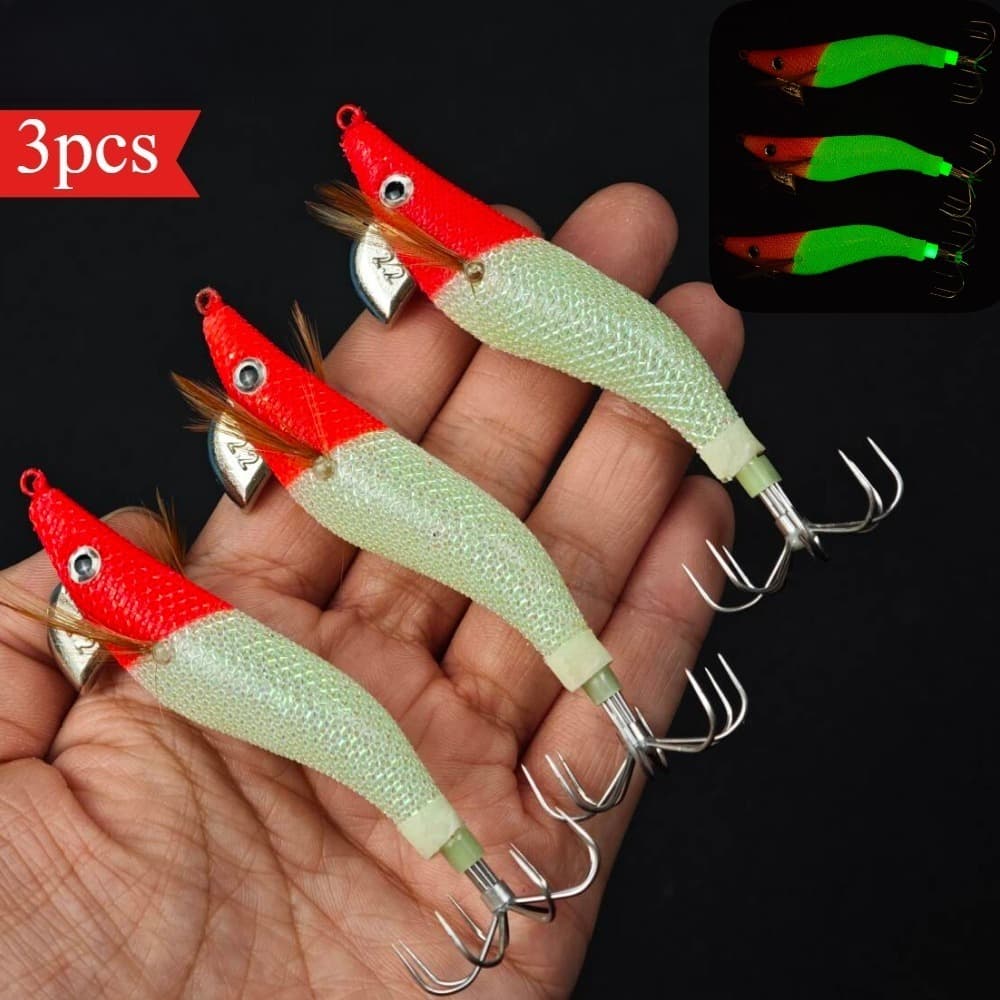 Beoccudo 3pçs Iscas de Pesca para Camarão, Isca Luminosa para Lula com Anzol, Isca Artificial Dura