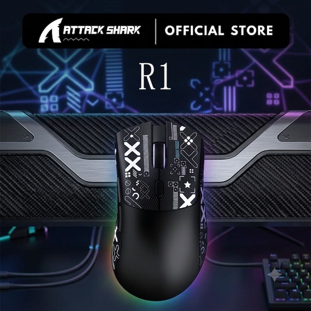 Mouse Gamer Sem Fio Attack Shark R1 Tri-modo Bluetooth 2.4G Com Fio PAW3311 1000Hz Ergonômico Recarregável
