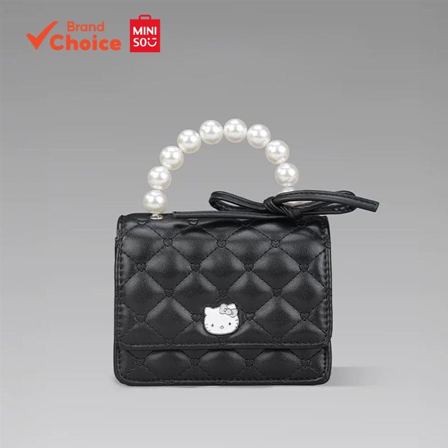 MINISO Hello Kitty Série - Mini Bolsa Tiracolo Corrente Pérola Fofa e Estilosa (preta) 13 Cm × 6 Cm × 10,5 cm.