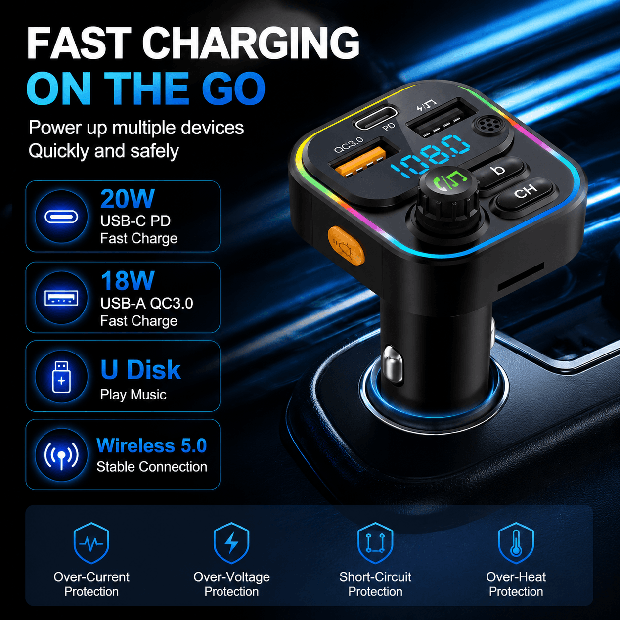 C17 Carro BLUETOOTH 5.3 Transmissor Fm Handsfree USB Pd20w Carga Rápida Mp3 Player