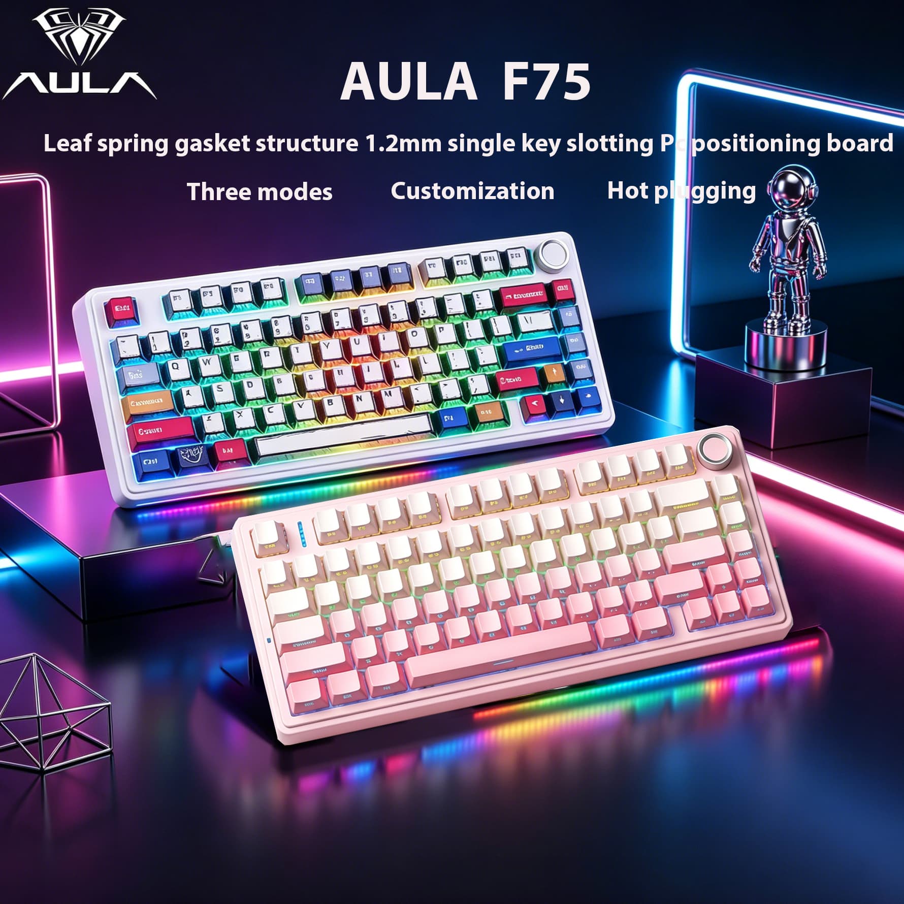 Teclados AULA F75 Teclados mecânicos para jogos RGB sem fio personalizados com layout de 75% Suporte para mola e
