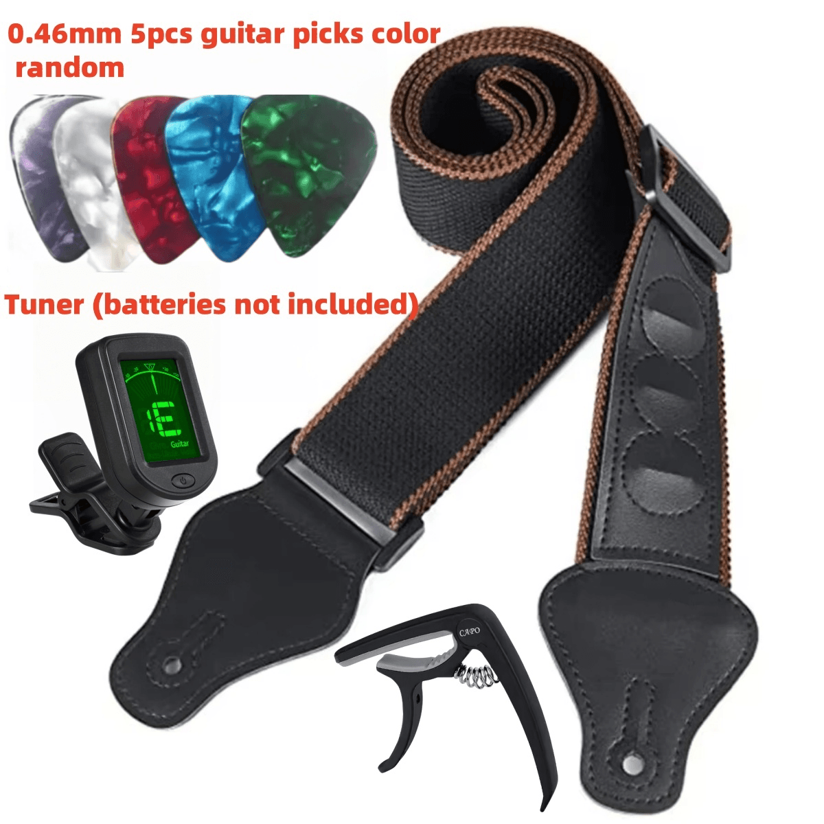 Alça de Guitarra 8Pçs/Conjunto Couro PU Preto + Algodão com Afinador de Guitarra/Capo/Palheta 0,46mm*5/para Ukulele