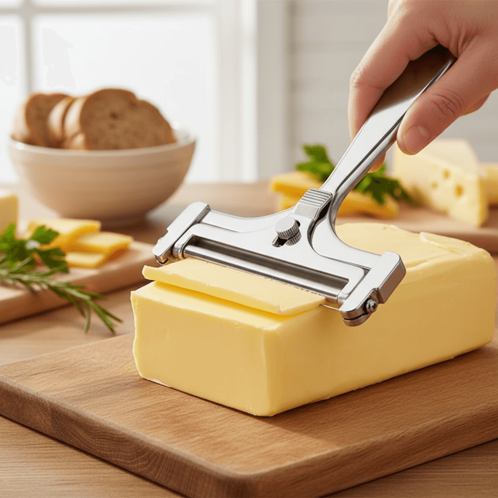 Fatiador de queijo com lâmina ajustável e controle manual para ralar queijo