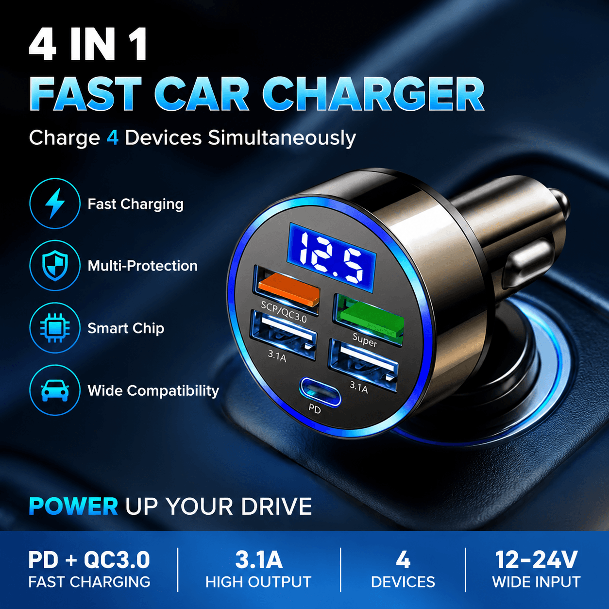 Adaptador De Carregador USB Para Carro QC3.0 PD Carregamento Rápido Com Display Digital De Tensão Eletrônica Automotiva