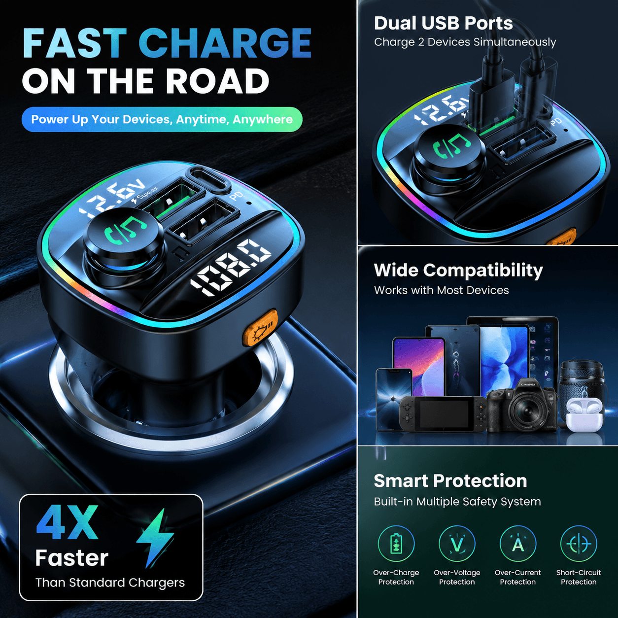 Transmissor Bluetooth para Carro, USB Duplo e Tipo-C, Carregamento Rápido 3,1A, Viva-voz Sem Fio MP3, Adaptador de Áudio