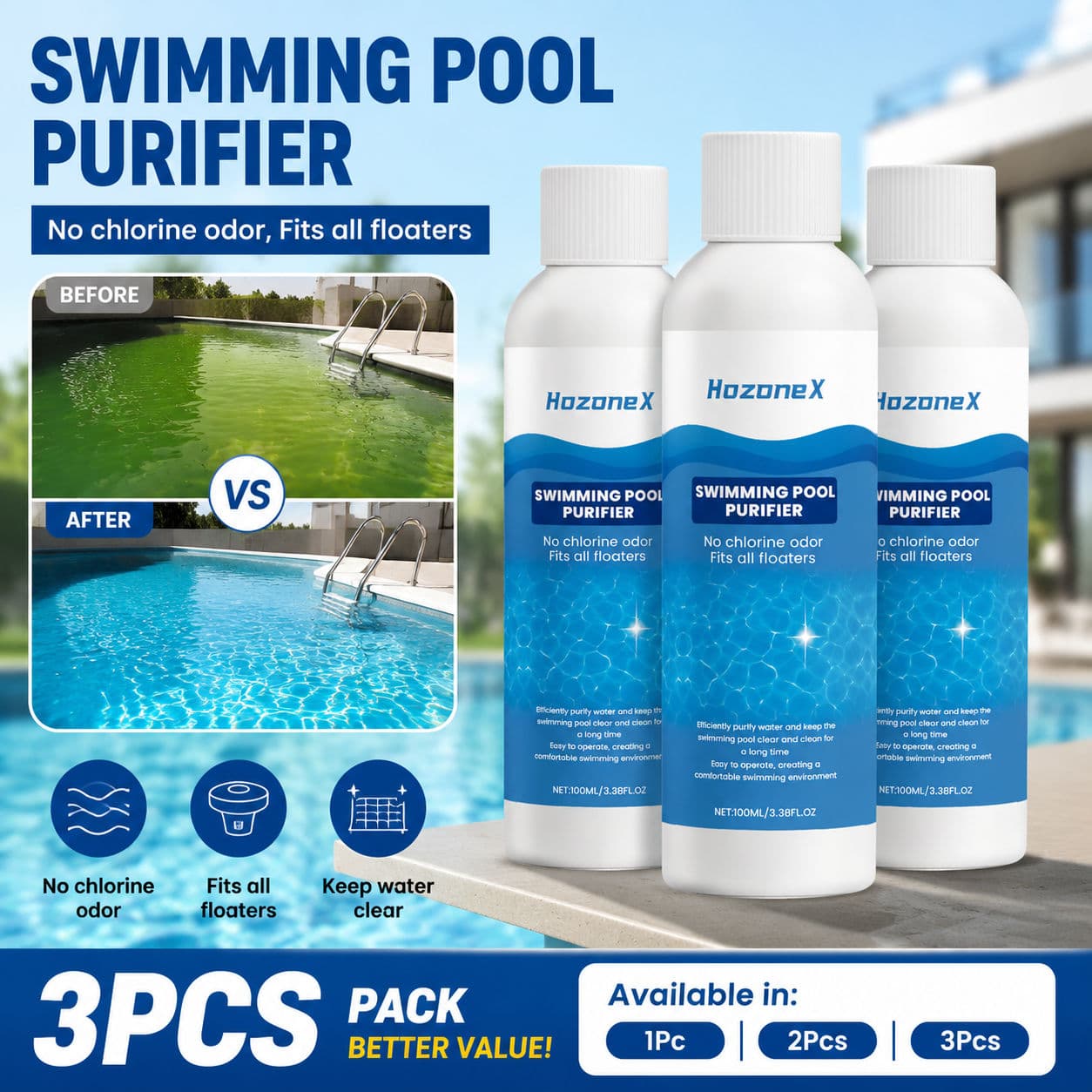 Um Pacote Purificador De Piscina Líquido 100ml , Assassino De Bactérias E Algas Com Dispersão Rápida Para Água Cristalin