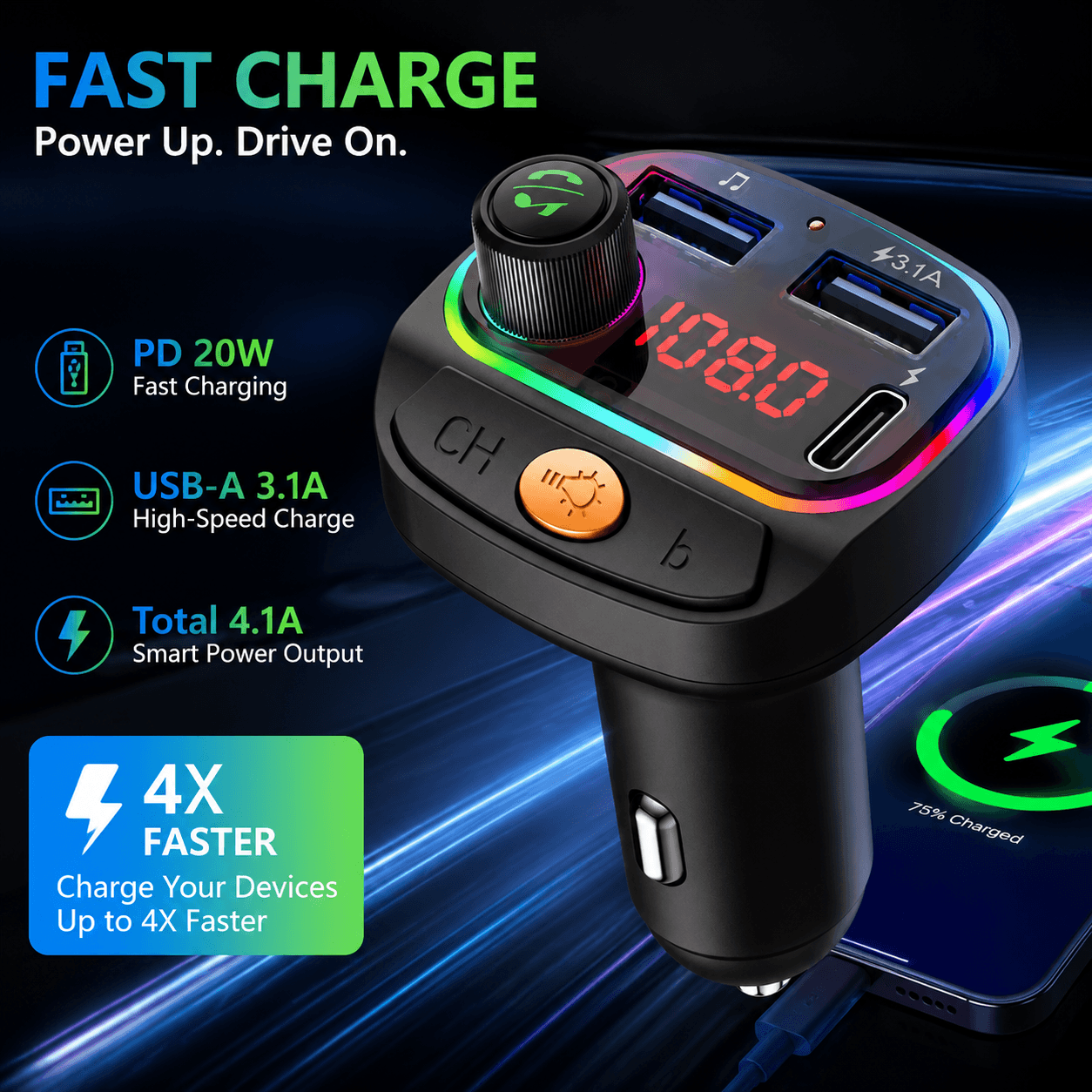 BLUETOOTH 5.4 Transmissor Fm Carro Handsfree Aux Mp3 Player 22.5w Pd 30w Carregador USB De Carregamento Rápido