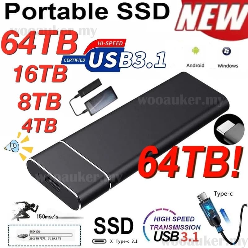SSD externo portátil 64TB, disco de armazenamento sólido de alta velocidade para backup de arquivos em notebooks,