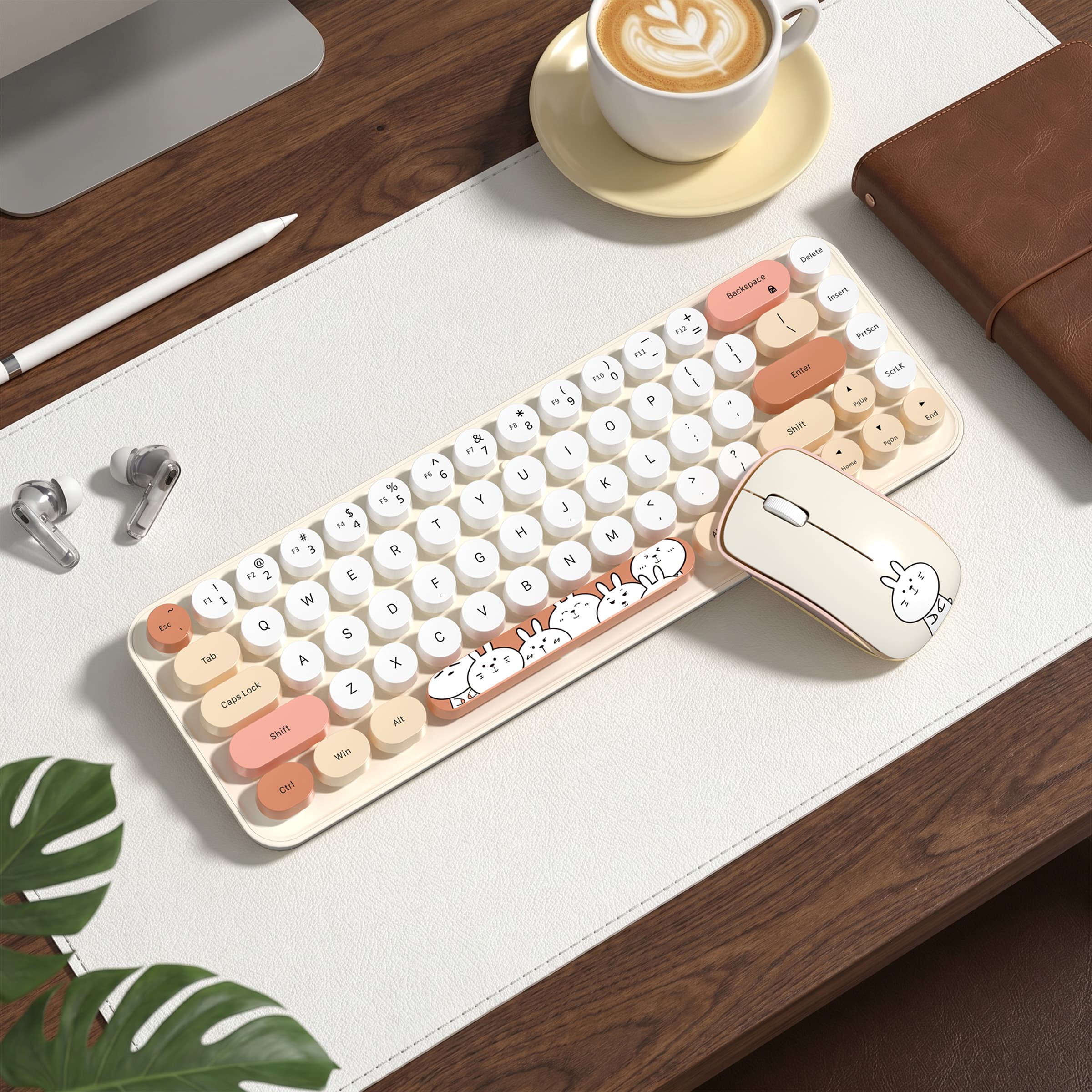 Conjunto de teclado e mouse portátil compacto Mofii Cute Rabbit Mini, teclado sem fio silencioso com teclas redondas