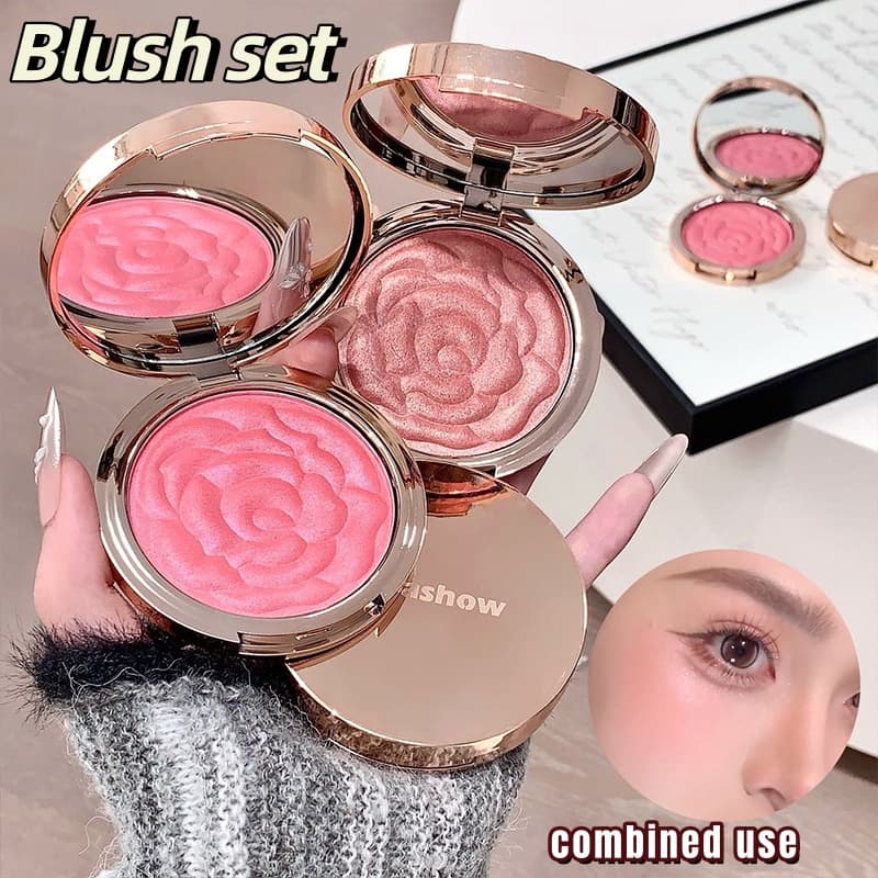 Conjunto De blush Em Forma De Rosa Relevo Kakashow Com Brilho Fino , Acabamento Transparente E Brilhante , Iluminador De