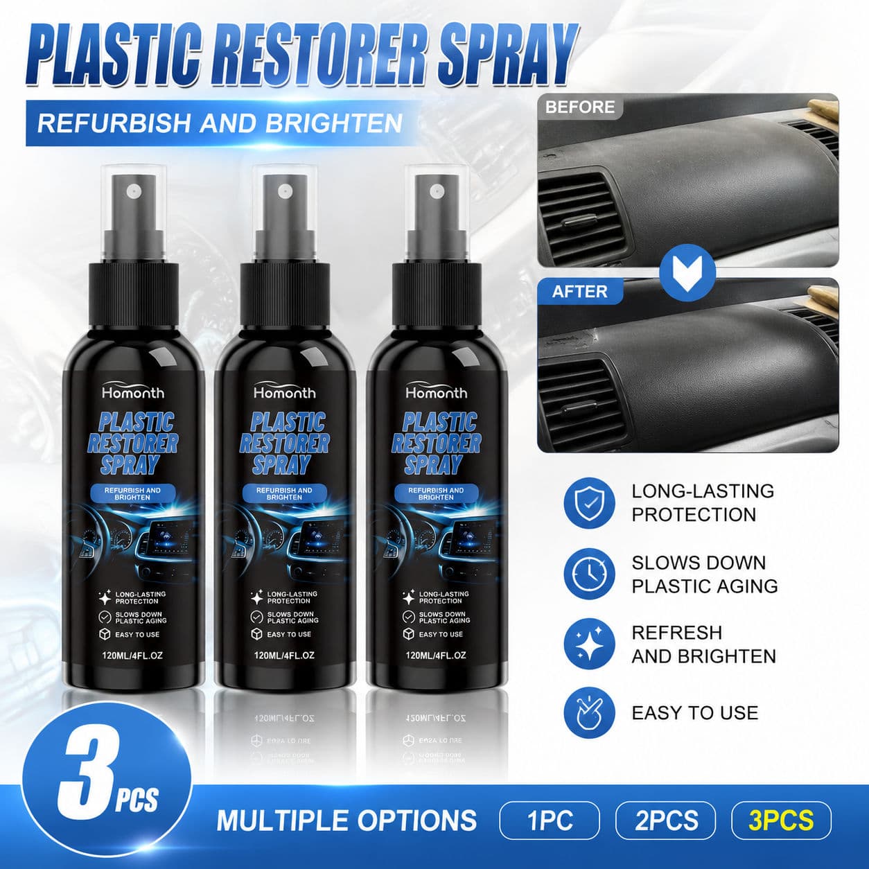 Spray Restaurador de Plásticos 120ml (1 unidade/2 unidades/3 unidades) – Realça o brilho do acabamento, proteção UV,