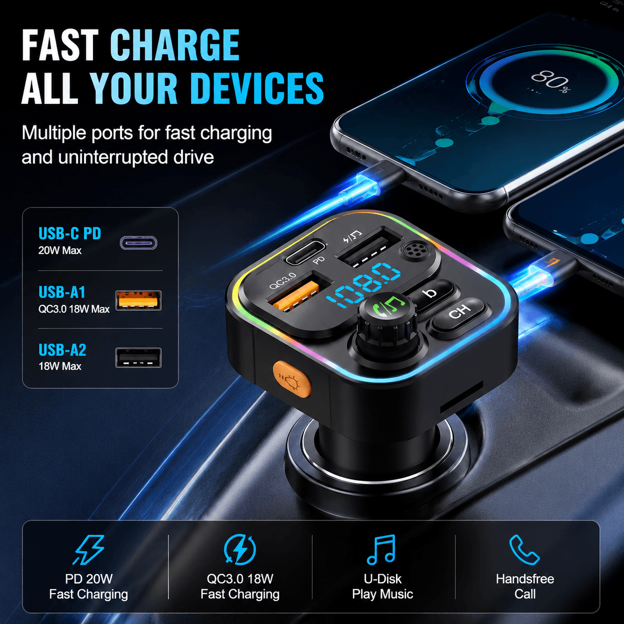 Transmissor FM Bluetooth 5.4 Modulador Rádio Carro AUX MP3 Player Adaptador de Carga Rápida Acessórios Automotivos