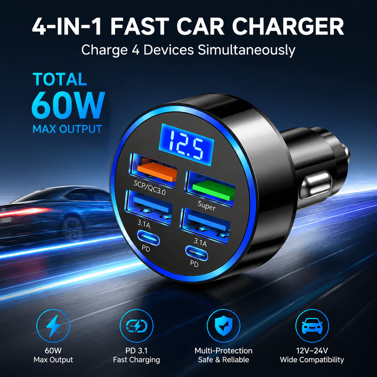 2025 Carregador Veicular 4USB QC3.0 PD Tipo-C com Display Digital, Carregador Veicular 3.1A com Detecção de Tensão,