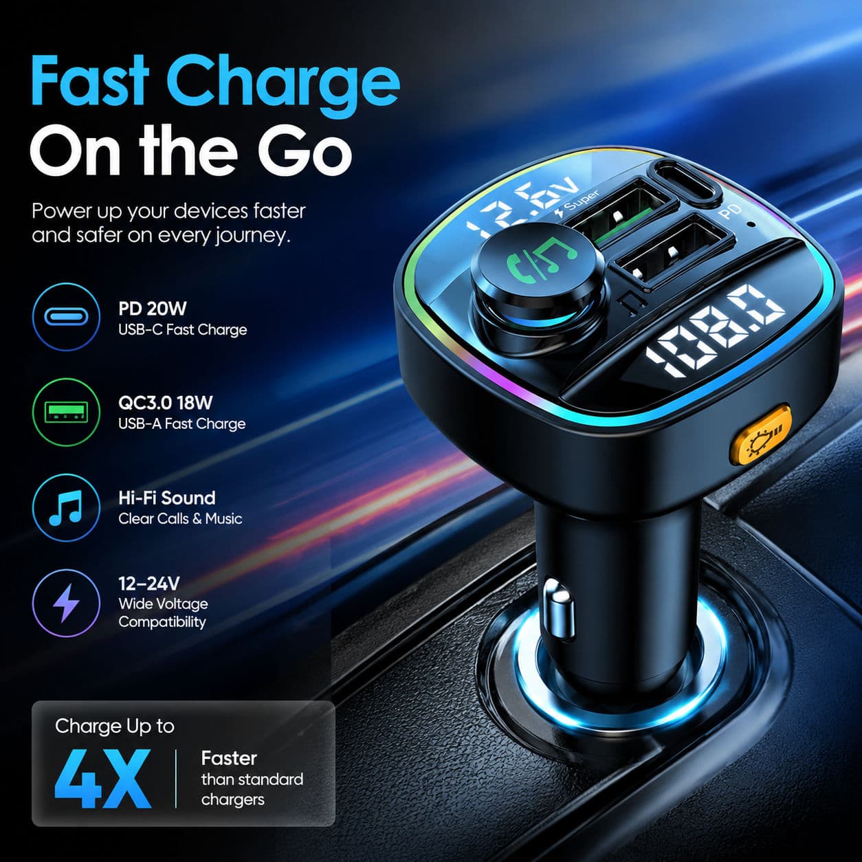 Carro BLUETOOTH 5.2 Transmissor Fm Mp3 Player USB Carregamento Super Rápido Mãos-Livres