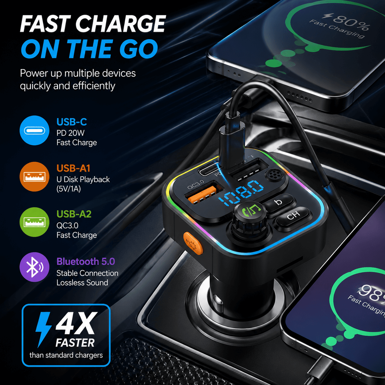 2025 Transmissor FM Bluetooth 5.3 Viva-voz Carro AUX Modulador Rádio MP3 Player com Adaptador de Carregamento Rápido