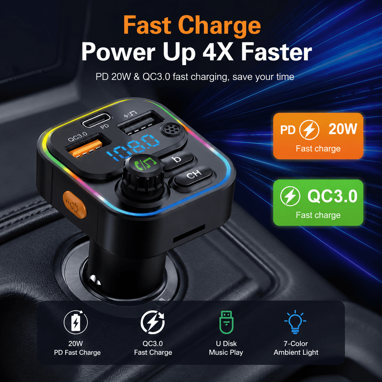 Transmissor FM Bluetooth 5.0 Handsfree para Carro, Carregador QC3.0/PD 18W Duplo USB/Tipo-C, Luz Ambiente & MP3