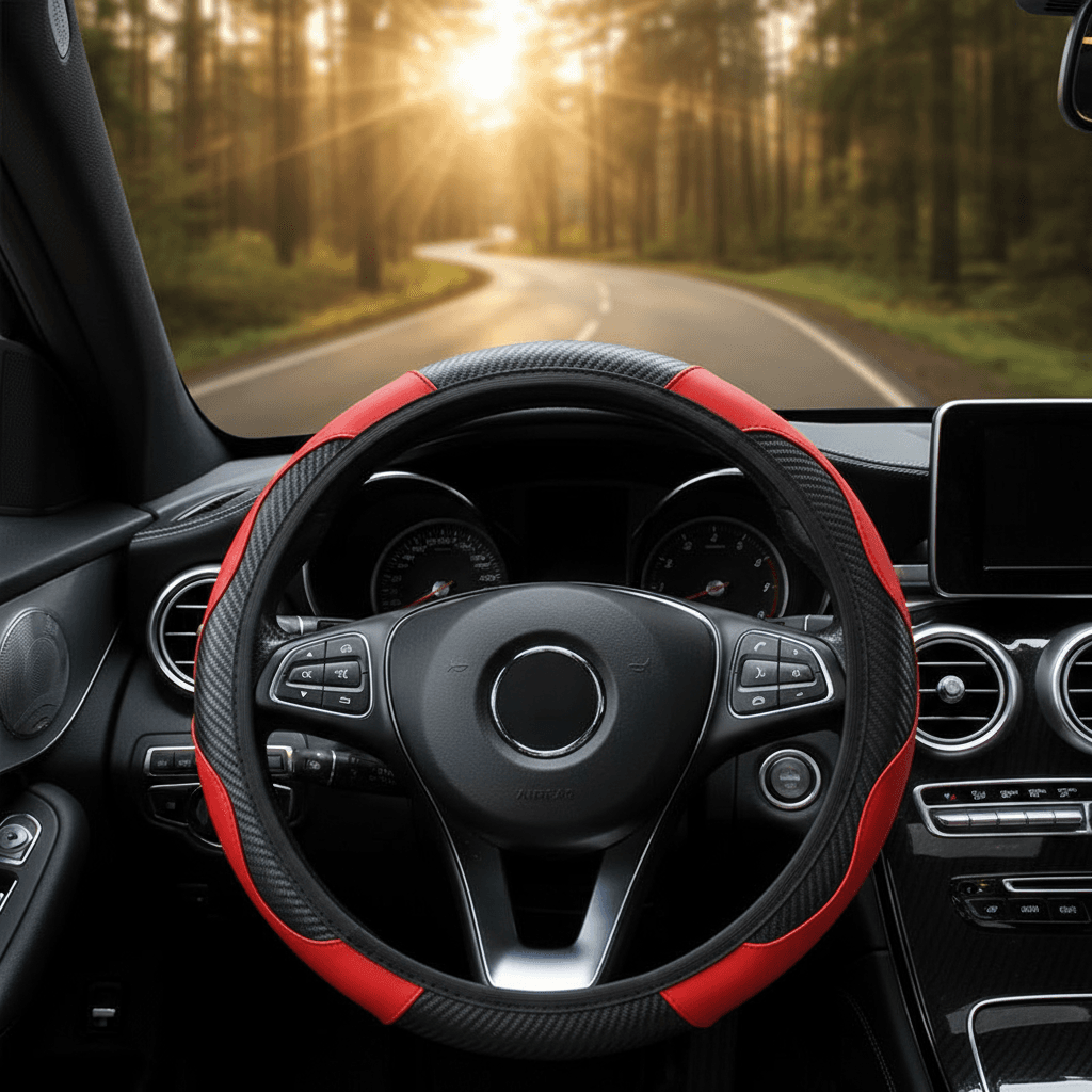 Conjunto Completo de Acessórios para Carro: Capinha de Volante e Almofadas para Cinto de Segurança em Fibra de Carbono