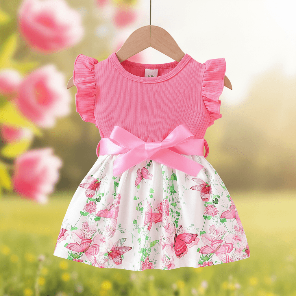 Vestido Floral Sem Mangas com Borboletas para Meninas Bebês de 6 a 36 Meses, Roupinha de Verão para Celebrações Casuais