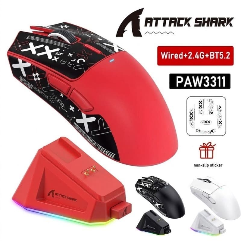 Mouse Gamer Attack Shark X11 59g Ultraleve 3 Modos PAW3311 22000 DPI Dock Magnético RGB Para Gamers de FPS PC