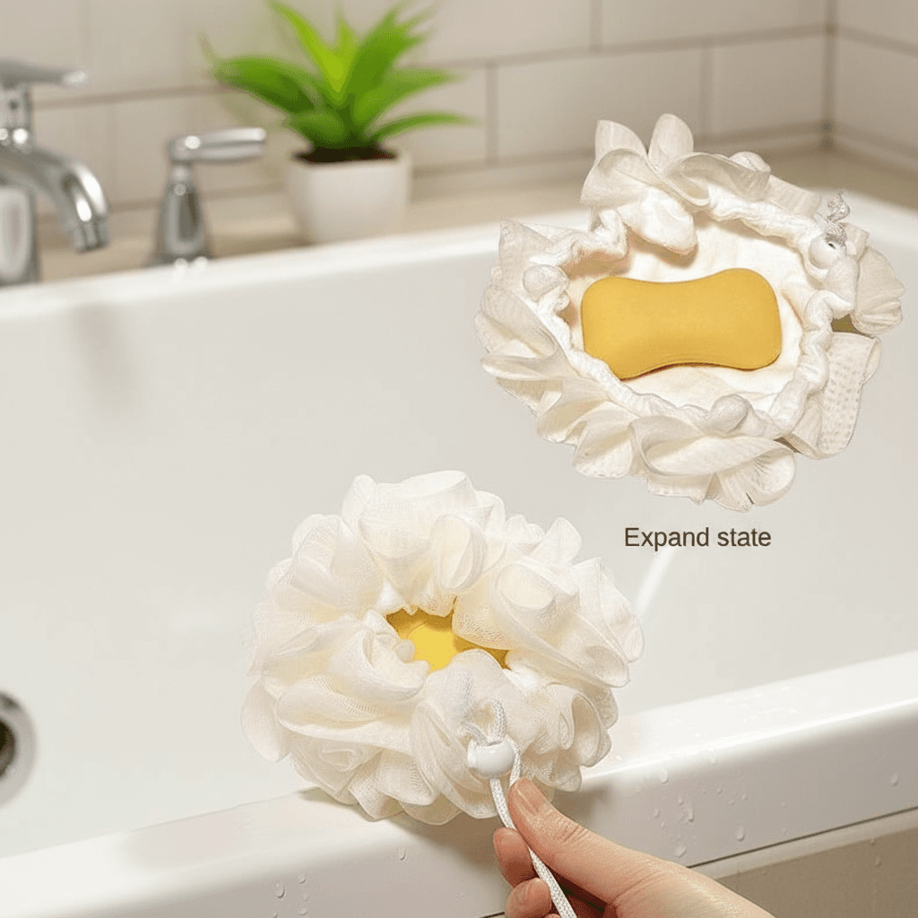 Esponja de banho de renda floral macia e amigável para a pele - Porta-sabão 2 em 1 para gel de banho e esfoliação