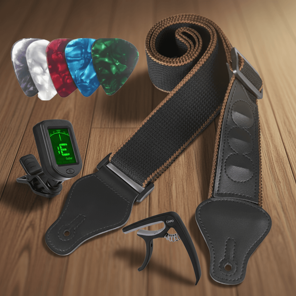 Conjunto de 8 peças de alça para guitarra em couro PU preto e algodão com afinador de guitarra, capo, palhetas de