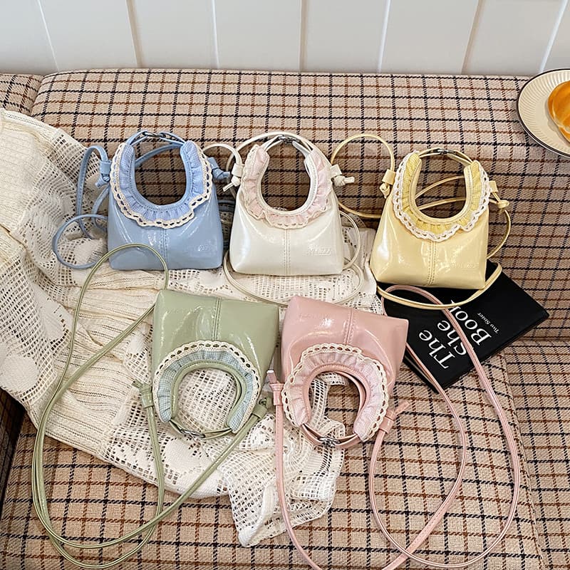Bolsa Bucket Mini de Renda|Bolsa Tiracolo de Couro Verniz Macaron|Bolsa de Ombro Feminina Fofa e Doce