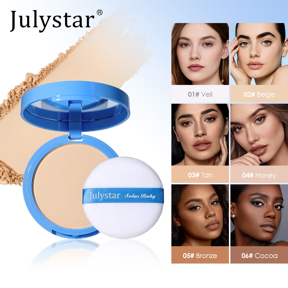Julystar Pó Compacto Matte Compacto à Prova d'Água e Controle de Oleosidade com Esponja, 6 Cores para Todos os Tipos de