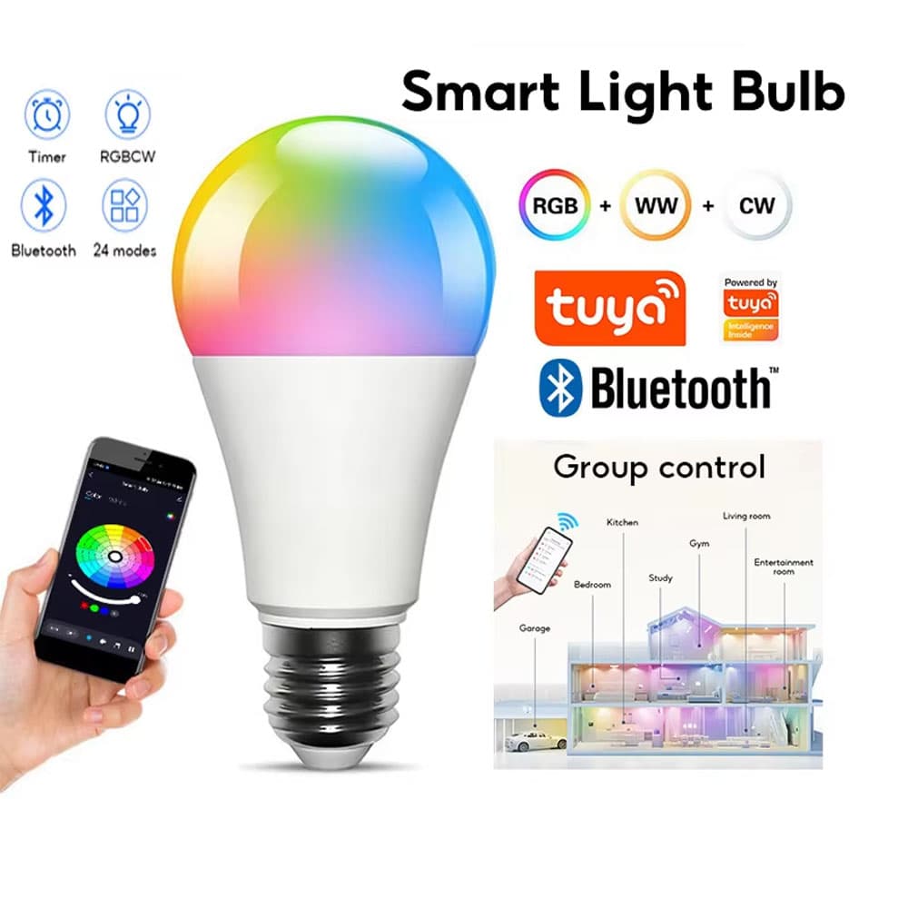 Tuya E27 Lâmpada Led Controle De Aplicativo Bluetooth Lâmpadas RGB CW WW Inteligente Funciona Com Alexa Google Assistent