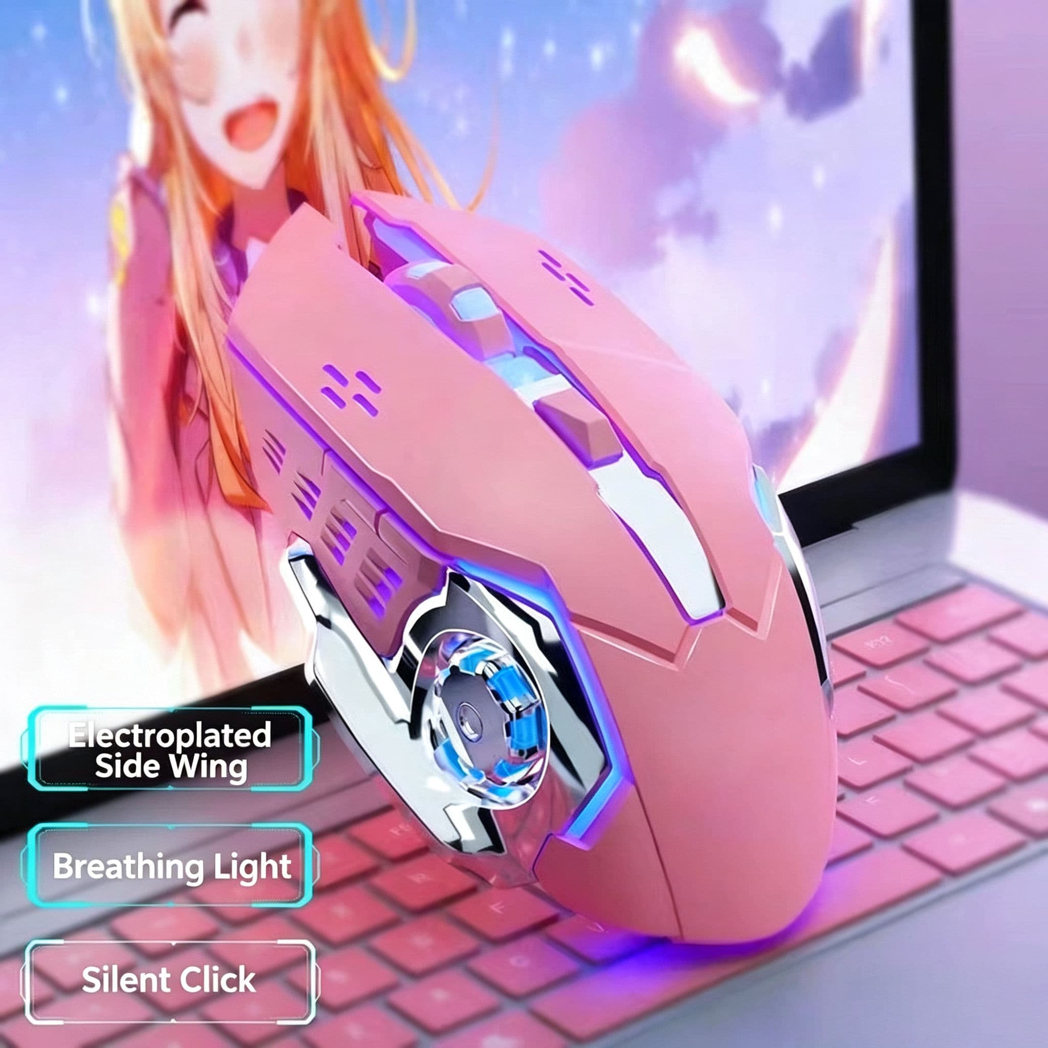 Mouse Gamer Sem Fio, Mouse Computador Recarregável, Mouse Ergonômico com 3 DPI Ajustáveis, 6 Botões Silenciosos, Luz