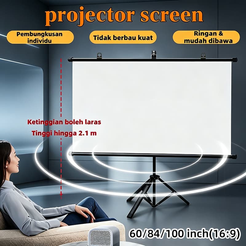 Tela de Projeção Ultra HD com Tripé 60/84/100 Polegadas 16:9 – Tela de Projetor e Suporte de Tripé