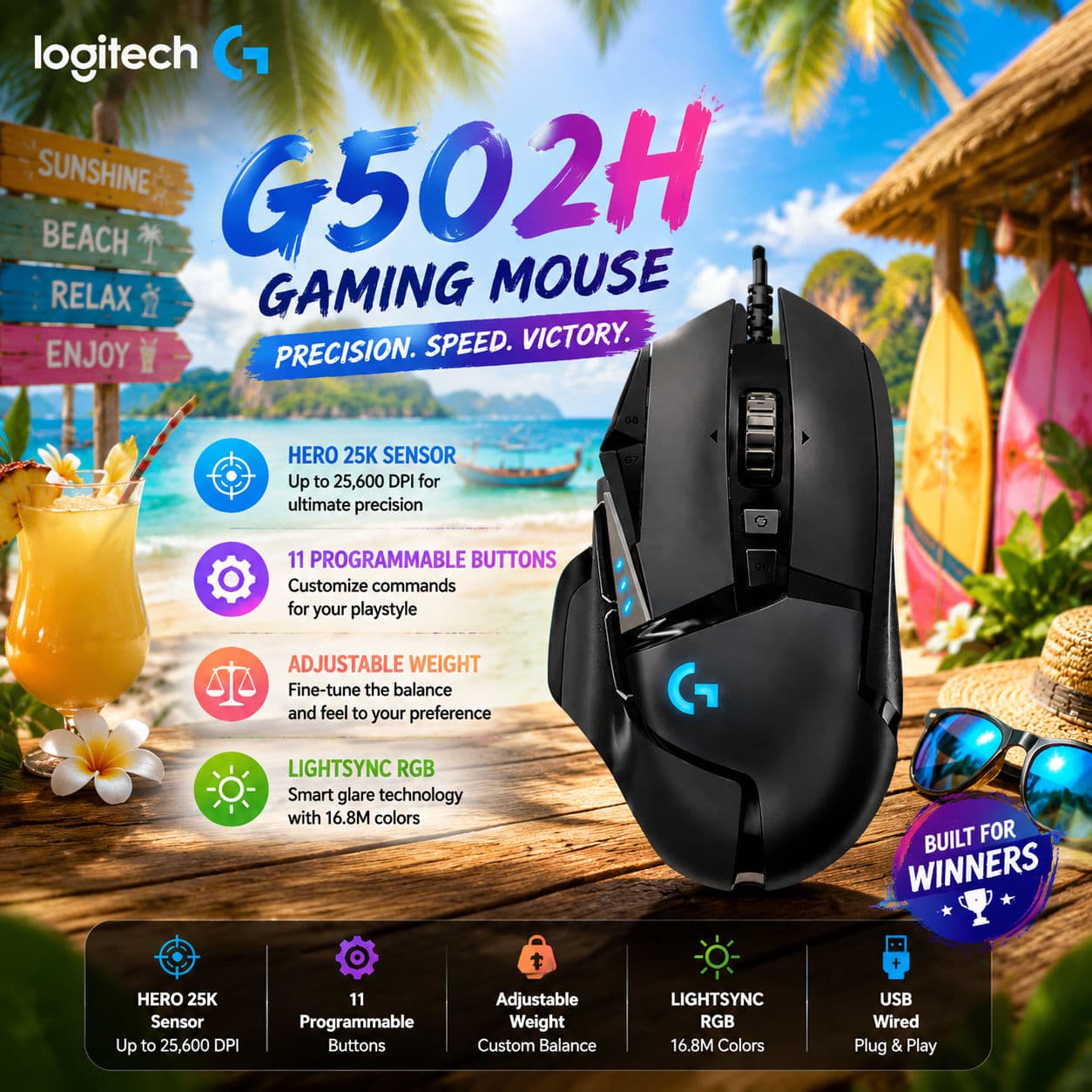 Logitech G502 H Mouse Gamer Sensor HERO Botões programáveis DPI ajustável Mouse ergonômico de alta precisão para PC e