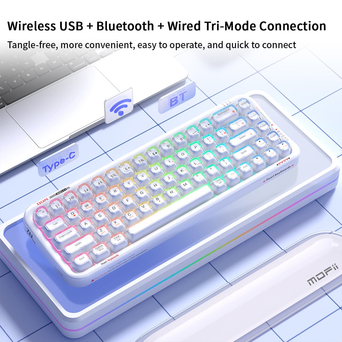 MOFii Pearl Teclado Sem Fio Silencioso Tri-Modo, Sem Teclado Numérico para Jogos Compacto de Cristal Transparente com