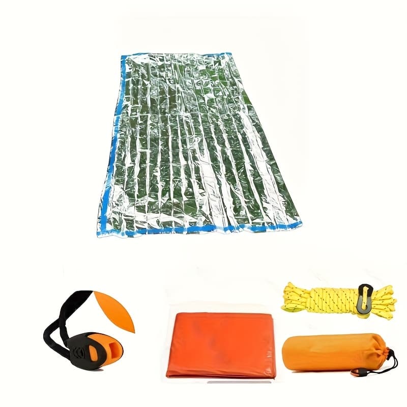 Saco de dormir Silver 1, saco de cordão laranja 1 (sem impressão), apito plástico 1, corda reflexiva amarela com fivela
