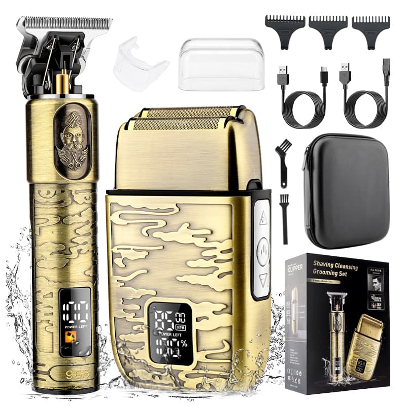 Conjunto de aparador de cabelo masculino sem fio, barbeador elétrico totalmente metálico, aparador de barba à prova