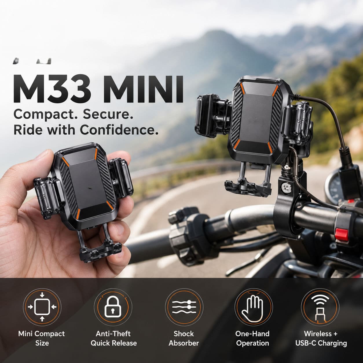 Suporte de Guidão Redondo Antirroubo e à Prova de Choques para Carregamento de GPS de Mini Moto