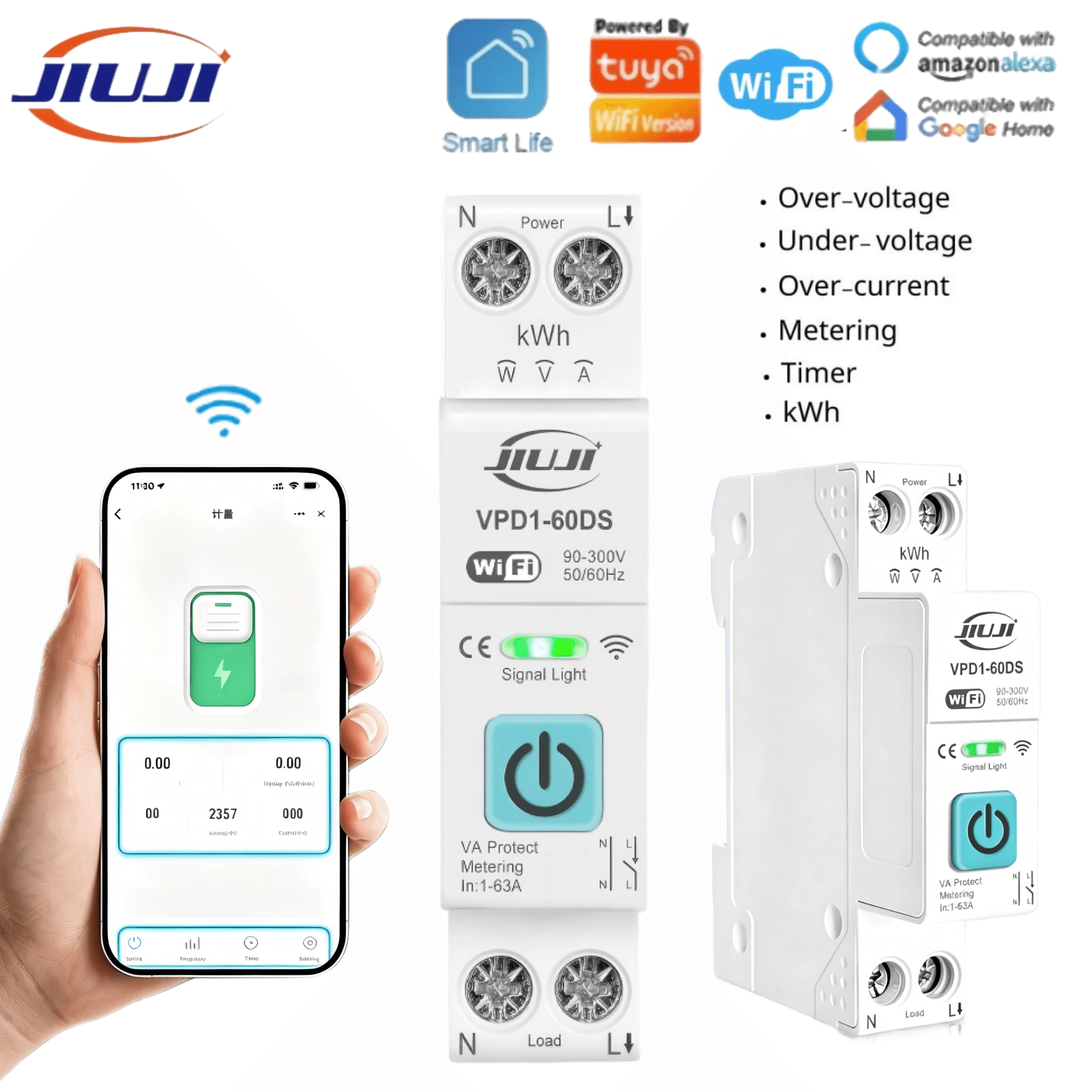 Interruptor Inteligente WIFI JIUJI 63A 1P+N para Luz, Medidor de Energia kWh, Monitoramento de Relé Temporizador MCB