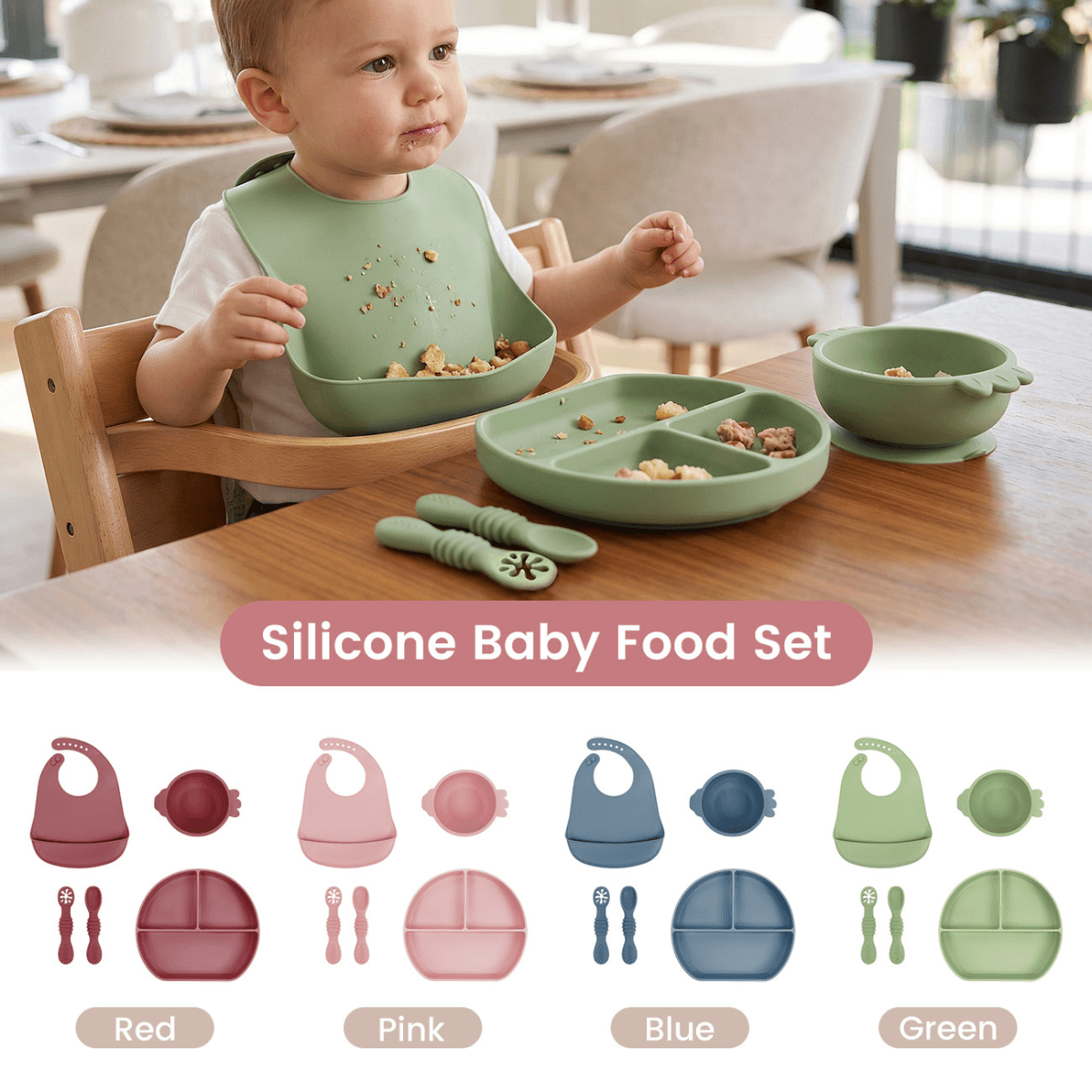 Conjunto completo de silicone para alimentação de bebê: babador de bolso + prato com divisórias + ventosa + talheres,