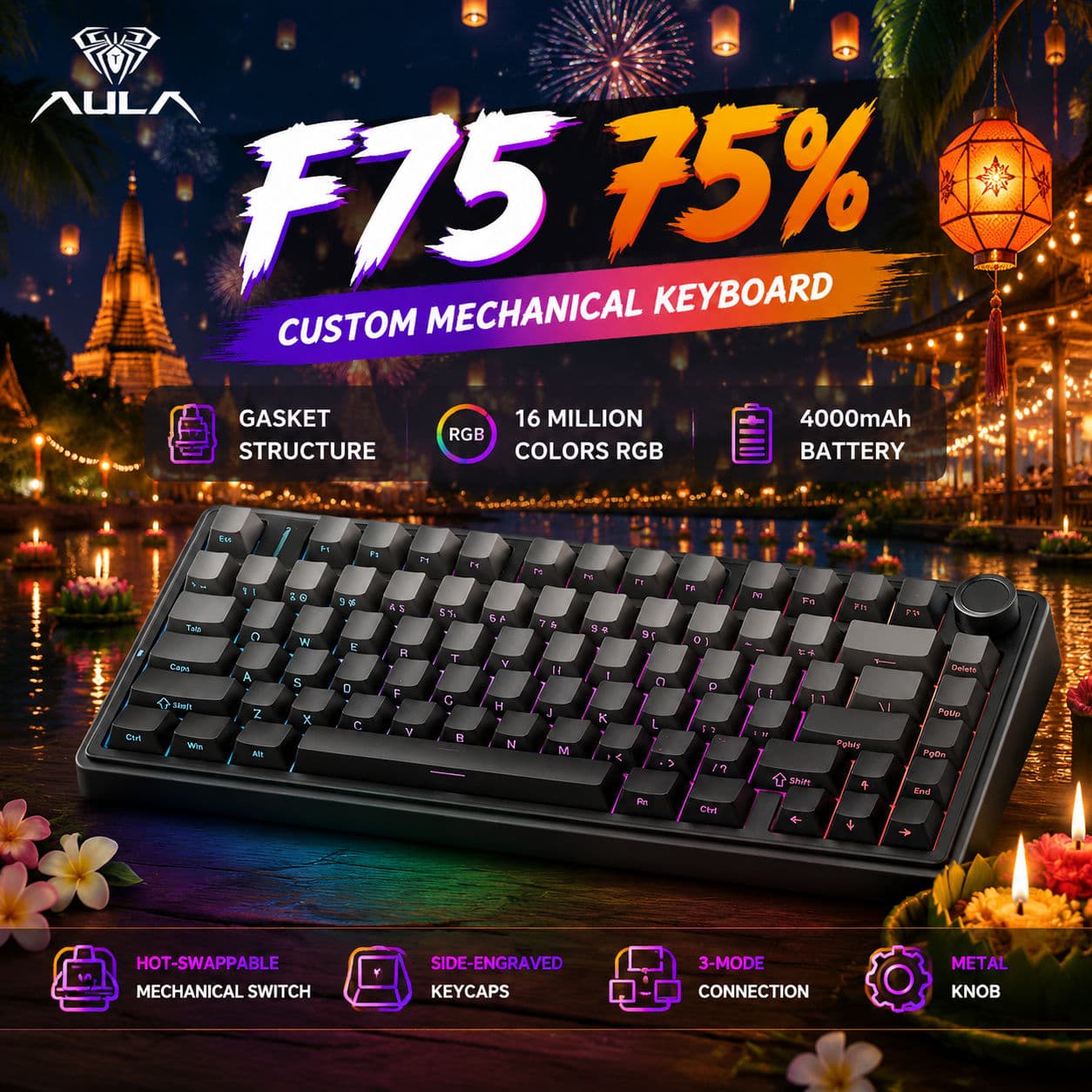 Teclado Mecânico AULA F75 RGB com Switches Substituíveis, Teclado para Jogos 75% de Layout, Design Compacto e Sem Fio