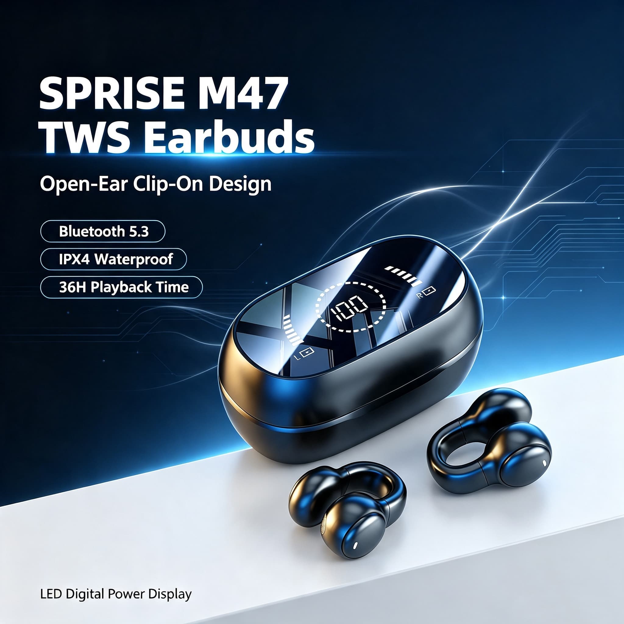 SPRISE M47 Fones de ouvido TWS, fones de clipe de orelha sem fio, fones de ouvido abertos, som surround 9D, display