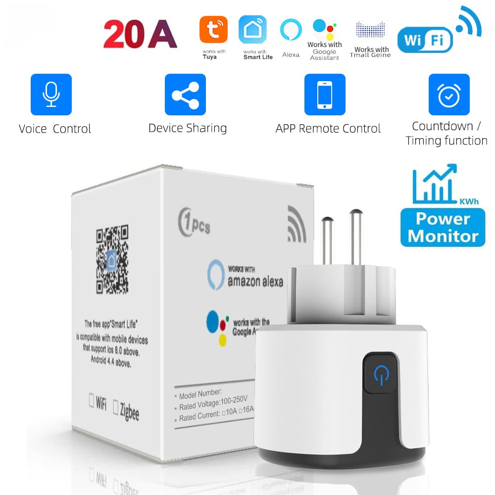 AXUS compatível com o aplicativo Tuya Smart Life, tomada inteligente WiFi EU 16A/20A, monitoramento de energia,