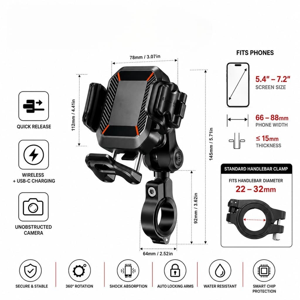Suporte de Telefone Antivibração para Moto, Suporte para Guidão com Base de Liberação Rápida